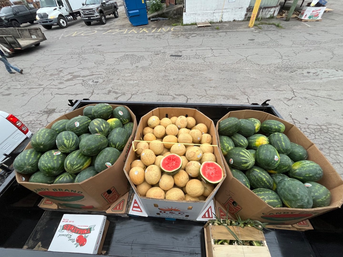 Watermelons, cantaloupes, and tomatoes at wholesale market